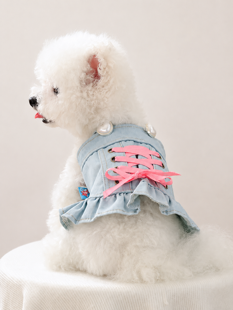 denim dog dress Lace-Up Ruffle for Small Dogs & Puppies – Pawvane plp-5235 fashionable everyday wear. Beach Elopement - Tide Denim overalls Color:Burgundy as Pictures