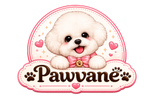 Cartoon dog with a pink bow tie and 'Pawvane' branding on a white background